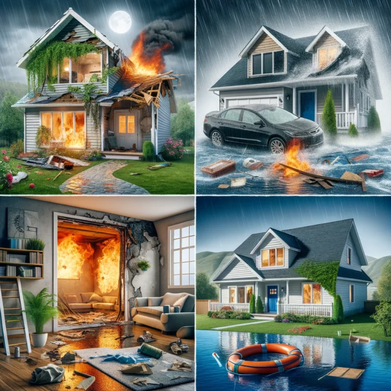 Composite scenes of common home damage: storm, fire, and water damage