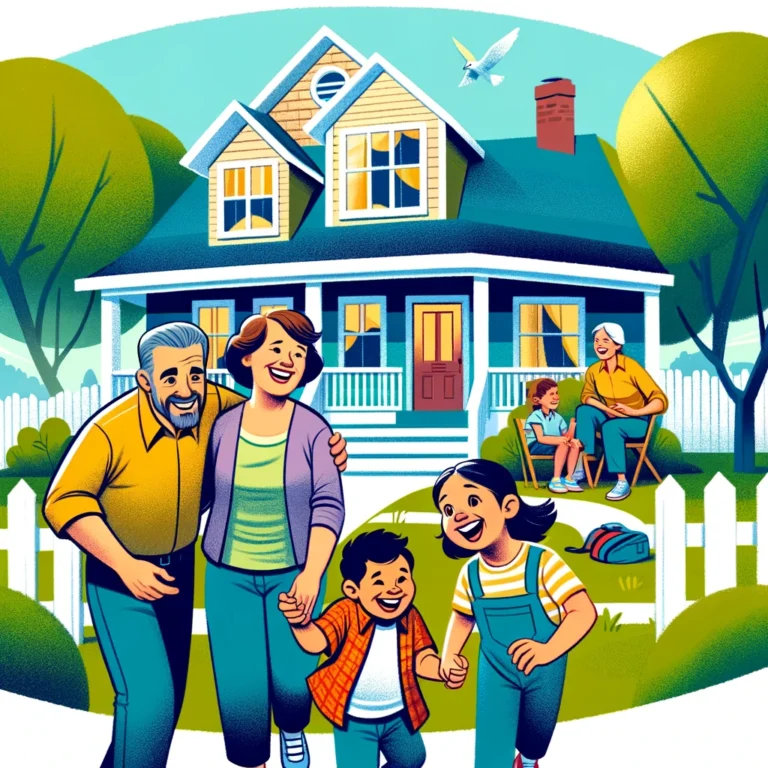 Illustration of a joyful family outside their suburban home