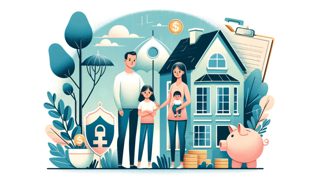 Illustration of a family standing beside their home with a shield and savings