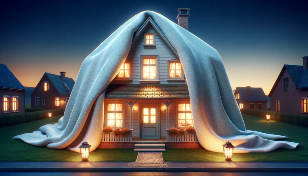 A warmly lit house tucked under a soft blanket at dusk